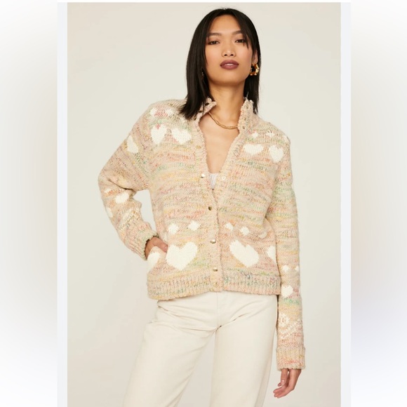 $450 LoveShackFancy Polina Bomber Heart Pattern Cardigan Sweater XS - Picture 1 of 8